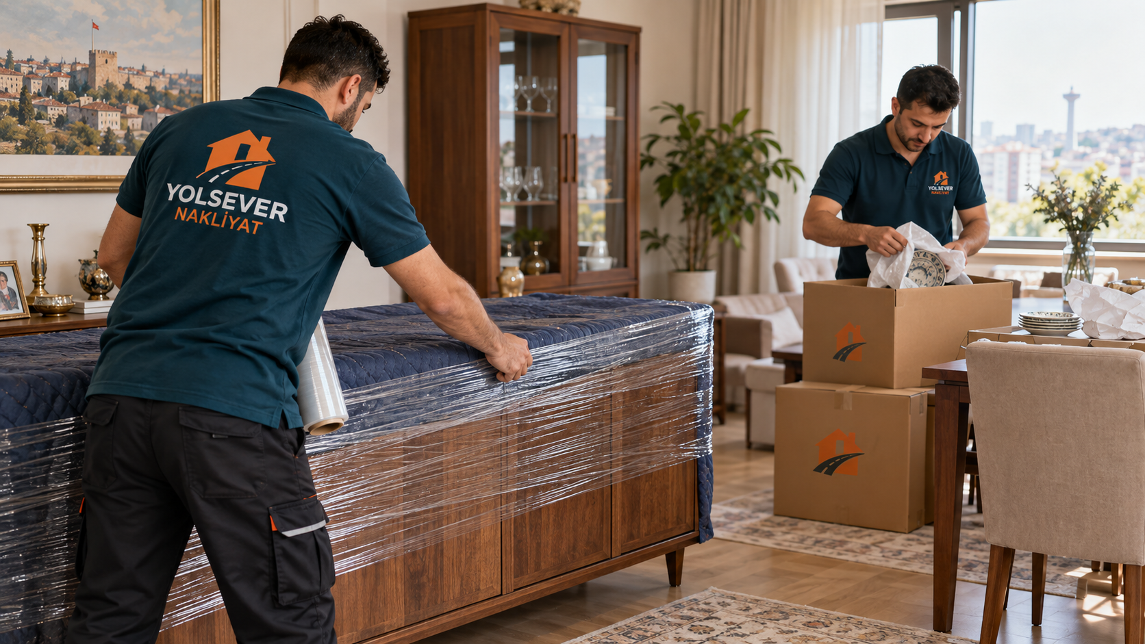 Yolsever Nakliyat personelinin mobilya ve kırılabilir eşyaları ambalajlaması